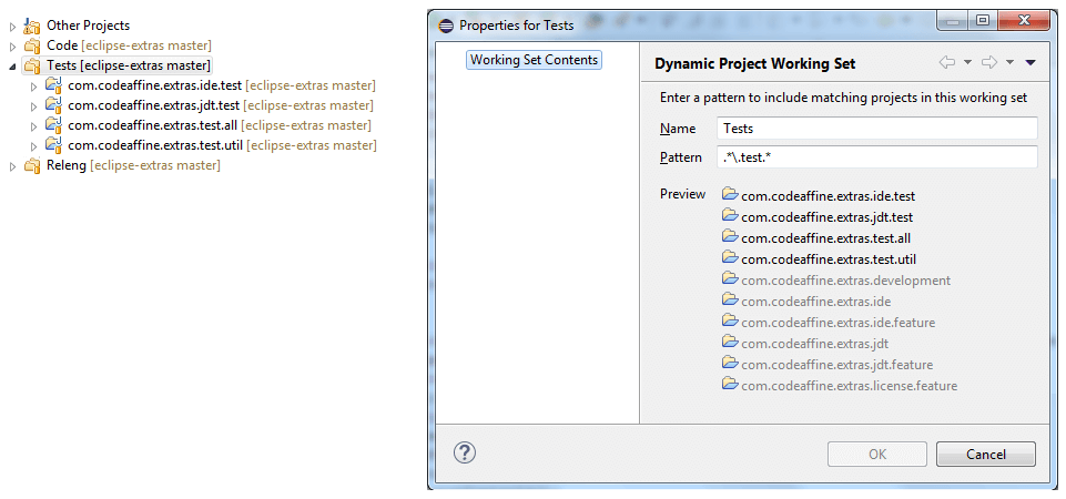 Dynamic Project Working Sets properties dialog